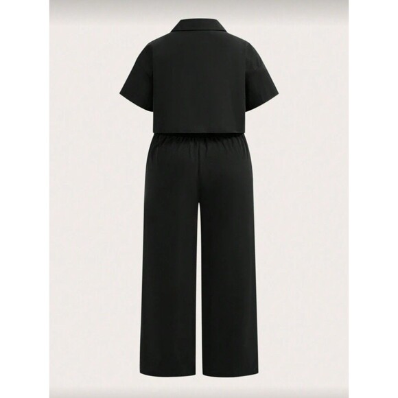 SHEIN 2 Piece Black Lounge Set Crop Button Top Wide Leg Pants 0X Plus - Picture 7 of 8